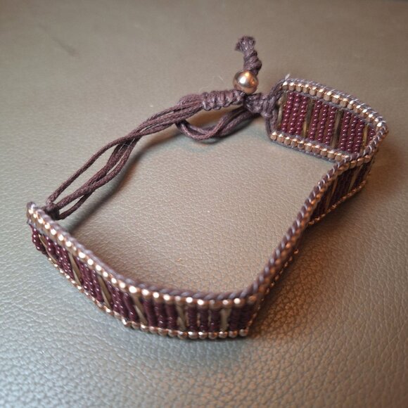 Handcrafted Brown Beaded Bracelet With Gold & Bronze Accents Adjustable Strap Ha - Picture 9 of 10